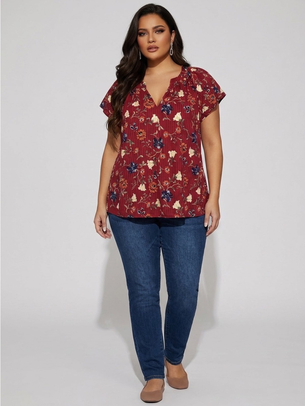 Plus Size 18/20 Lane Bryant Burgundy Floral V-Neck Short Sleeve Top 100% Cotton